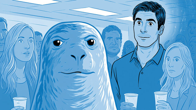 Bored leopard seal at a water cooler office gathering in satirical illustration