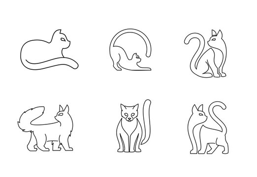 Cat Line Art Icons Set. Collection of Minimalist Vector Illustrations of Feline Animals in Various Poses: Lying, Stretching, Sitting, Standing.