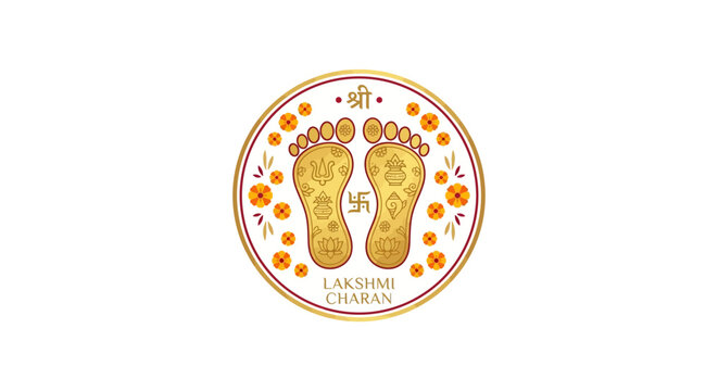 Lakshmi Charan footprint icon with swastika symbol inside circular border for Diwali festival decoration, vector illustration.