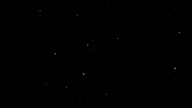 Abstract white particles and dust motes floating randomly on a dark black space background with copy space.