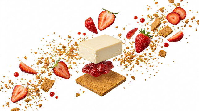 Delicious strawberry cheesecake with crumbs and fruits flying around isolated on transparent background, isolated on white background, Vector