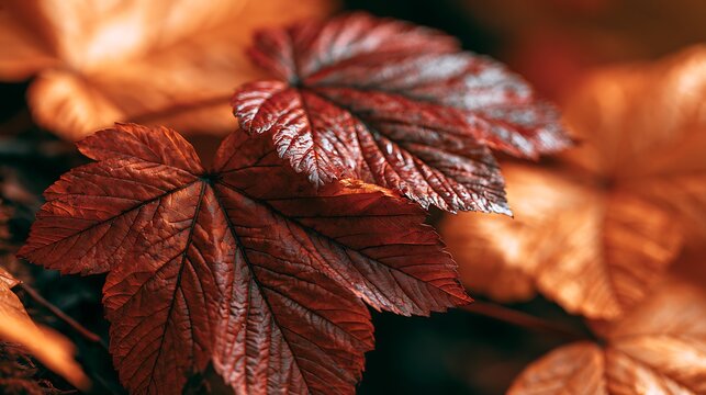 Close up of glossy red and orange autumn leaves with pronounced veins and warm bokeh background