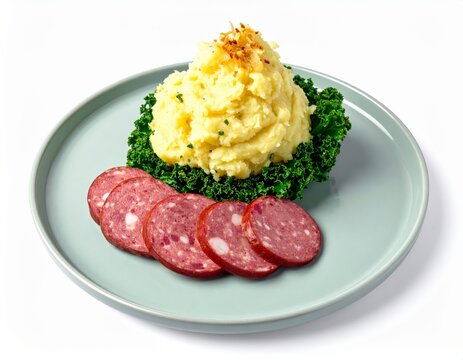 Dutch Stamppot With Sausage On Muted Pastel Pale Sage Matte Plate
