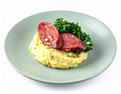 Dutch Stamppot With Sausage On Muted Pastel Pale Sage Matte Plate