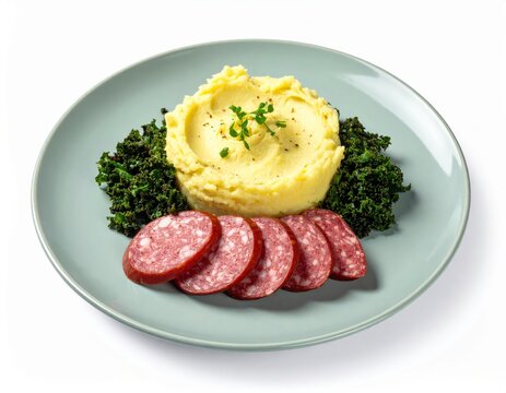 Dutch Stamppot With Sausage On Muted Pastel Pale Sage Matte Plate