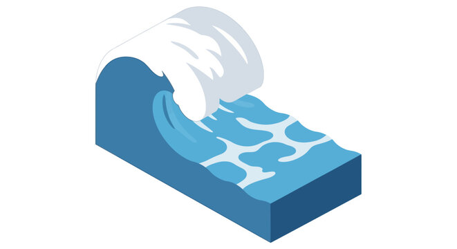 Stylized isometric illustration of a cresting wave in shades of blue and white
