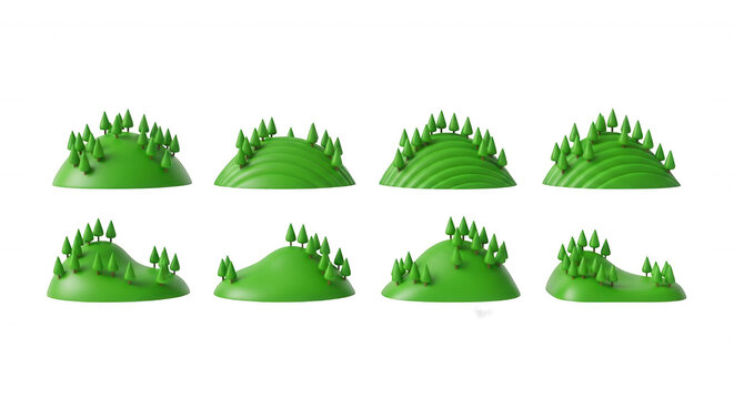 cartoon hills with trees in various shapes rendered on a white surface landscapes