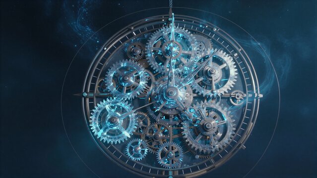 A futuristic clock with glowing blue gears and celestial background.