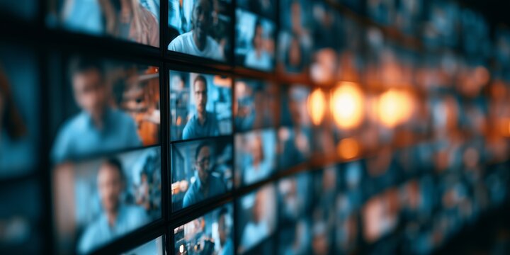 Digital screens displaying video conference participants in virtual meeting grid layout, concept for remote corporate communication, online webinars and global business collaboration
