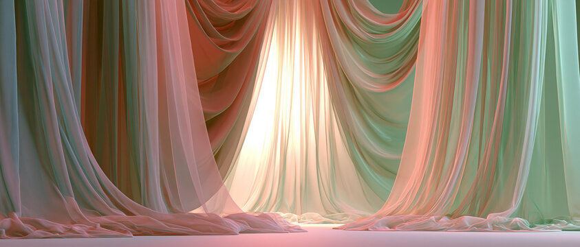 Fundo de cen&aacute;rio elegante com cortinas transl&uacute;cidas esvoa&ccedil;antes em gradiente rosa e verde pastel, com ilumina&ccedil;&atilde;o m&aacute;gica de fundo