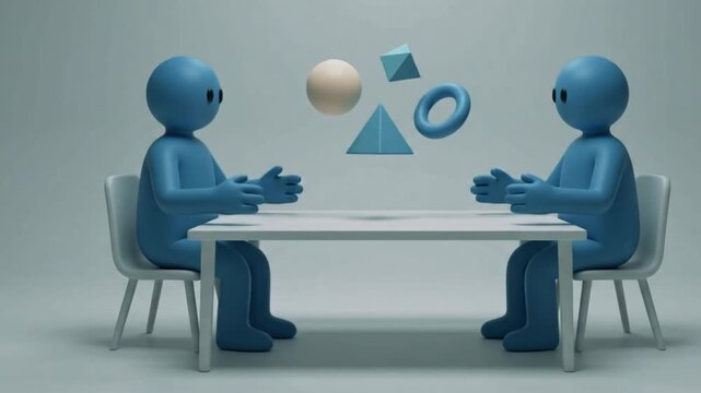 3D Cartoon Business Characters Brainstorming with Floating Abstract Geometric Shapes