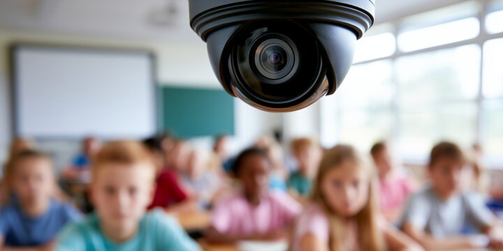 Black CCTV security camera dome monitoring blurred school children inside classroom, concept for student safety, school surveillance and public education protection