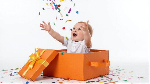 Baby joyfully inside giant orange gift box with colorful confetti falling around.