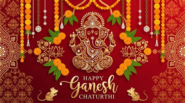 Festival of Ganesh Chaturthi with golden shiny Lord Ganesha patterned and crystals on paper color Background.