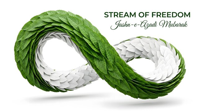 Stream of Freedom infinity symbol made of green and white leaves, Jashn-e-Azadi Mubarak celebration concept, organic loop of foliage for independence day, symbolic nature wreath on white backdrop