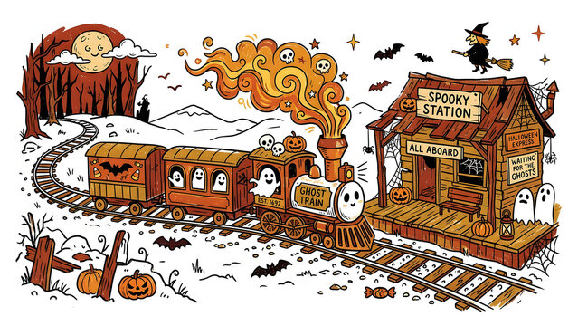 Cute Halloween ghost train arriving at spooky station under full moon