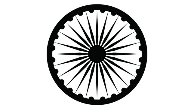 Ashoka Chakra wheel vector illustration, black dharma chakra symbol with 24 spokes, Indian national emblem icon isolated on white background