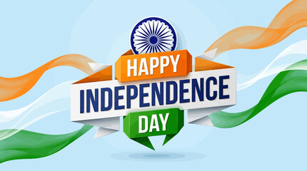 Indian Independence Day greeting banner, tricolor flag ribbons with Ashoka Chakra, Happy Independence Day typography on 3D folded paper background © SiyamolHasan