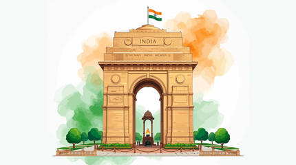 India Gate monument vector illustration, historic Delhi landmark with national flag, watercolor splash background for Republic Day and Independence Day © SiyamolHasan