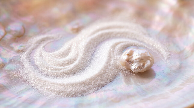 Baroque pearl with crushed white pearl powder on iridescent mother of pearl shell background. A luxury cosmetic concept background. 
