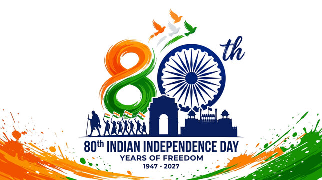 80th Indian Independence Day celebration vector, saffron and green tricolor 80 years of freedom banner, Ashoka Chakra with national monuments