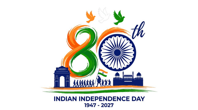 Indian Independence Day 80th anniversary vector, tricolor 80 typography with Ashoka Chakra, patriotic India celebration banner 1947-2027