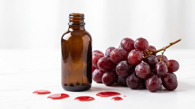 Amber glass bottle with red grapes and drops of Resveratrol on white marble background