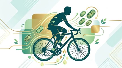 Fototapeta premium Person riding a bicycle surrounded by graphics representing health, longevity, and anti-aging concepts in a creative design.