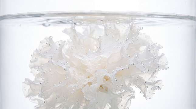 White tremella fungus submerged in clear water with small air bubbles close up