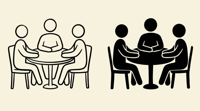 Vector illustration of three people icons sitting at a round table, minimalist silhouettes for team collaboration, business meeting, brainstorming session, and group gathering in black.