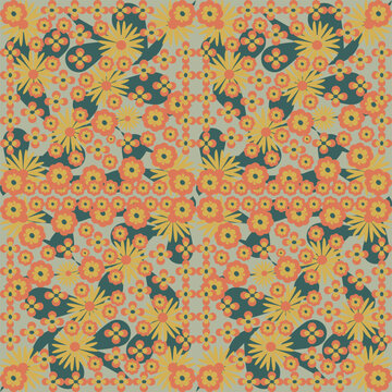 pattern, seamless, maximalist, floral, botanical, flower, daisy, coral, orange, yellow, teal, sage, green, scattered, lush, dense, organic, folk art, retro, vintage, Liberty print, 70s, garden, tapest