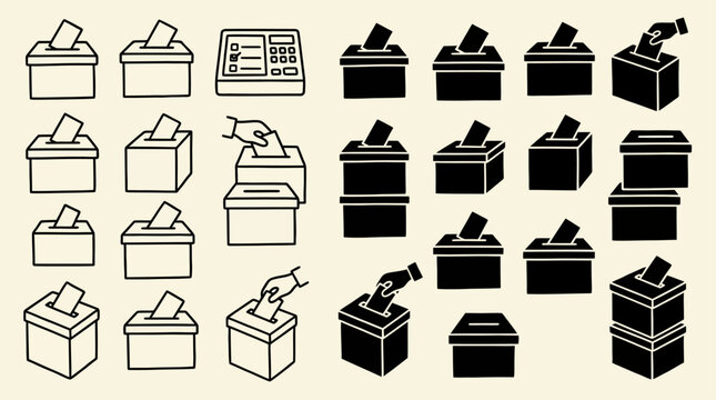 Comprehensive collection of democratic ballot box icons featuring diverse outline and solid black silhouette styles for voting, election, and political choice interface design elements.