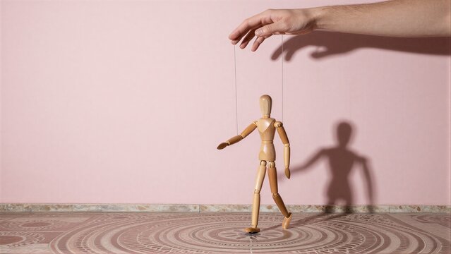 Wooden puppet walked by hand, casting shadow on pink wall.