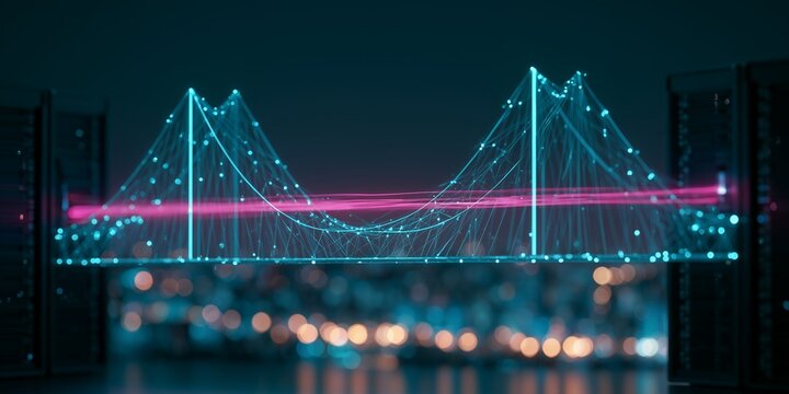 Digital holographic bridge connects computer servers with glowing data stream over bokeh city skyline, concept for network technology, cloud computing and data transfer