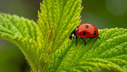 Fototapeta premium Close-up of a red ladybug with black spots resting on a vibrant green leaf in nature