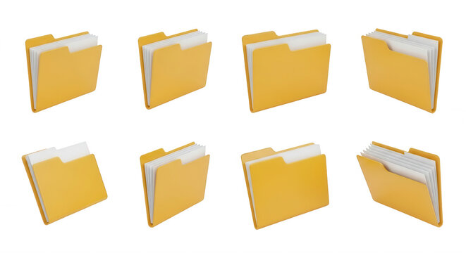 eight stylized document folders arranged on a white backdrop emphasizing files for digital concepts or business presentations
