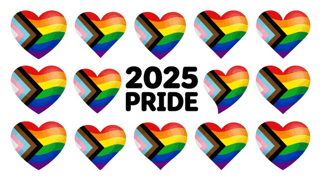 Vibrant Collection of 2025 LGBTQ+ Pride Hearts Featuring Diverse Progress Rainbow Flag Patterns and Symbolic Shape Designs for Pride Month Celebration and Inclusive Identity Representation