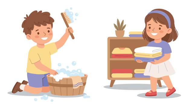 Cute boy washing clothes in wooden basin and girl folding laundry near shelf flat vector illustration set.