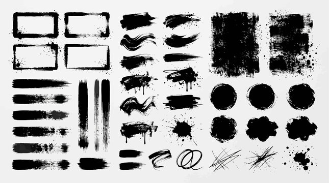 Collection of realistic vector black ink brush strokes, painted charcoal lines, and artistic hand-drawn texture elements with dirty distressed smudge effect for creative graphic design projects.