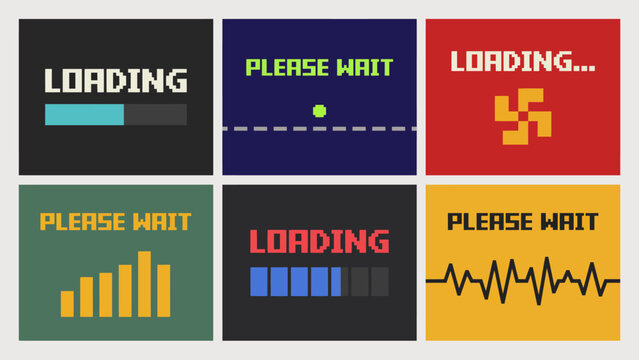 Retro loading screen graphics. Pixel inspired progress indicators and animated interface concepts for games, apps and nostalgic digital projects.