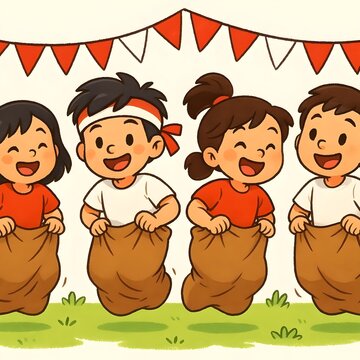 Cheerful Cute Kids Group Having Fun and Jumping in Balap Karung Sack Race Competition Celebrating Indonesian Independence Day Outdoor Festival
