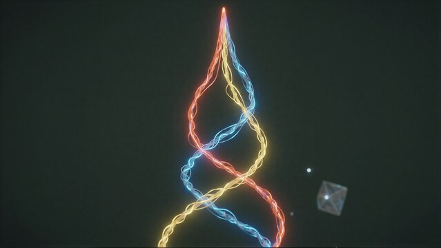 Neon DNA helix glows against dark background, emitting vibrant colors and futuristic light.
