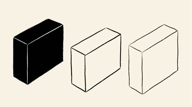 Three-dimensional isometric rectangular block set featuring one solid dark obsidian cuboid and two minimalist wireframe outlines for architectural design and abstract geometric modeling concepts.