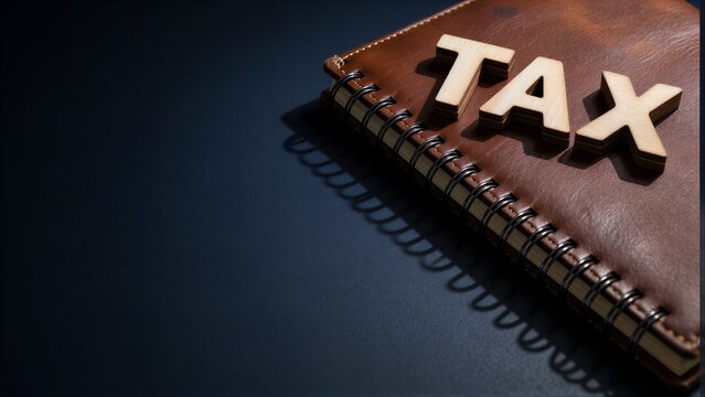 Wooden "TAX" letters rest on a leather-bound notebook against a dark background.