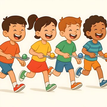 Cheerful Cute Children Line Up in Marble and Spoon Race Competition, Happy Kids Playing Balap Kelereng Traditional Game Vector Cartoon Illustration