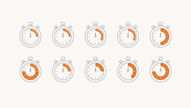 Stopwatch indicator collection. Modern timer icons with orange progress bars for fitness apps, productivity tools and dashboard interfaces.