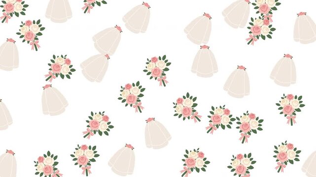 Cute pink floral wedding bouquets and white bridal veils pattern design perfect for wedding invitations, bridal shower decor, and stationery.