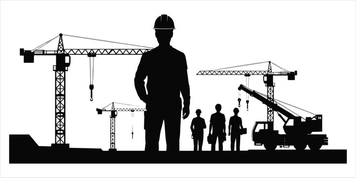 Construction site with cranes and group of workers silhouettes on white background Keywords: construction, site, crane, tower