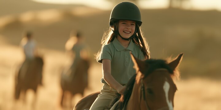cheerful young girl wearing safety helmet riding a brown horse in golden sunlight, concept for equestrian sports, youth outdoor recreation and summer camp