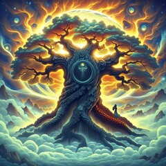 Obraz premium Giant Mystical Tree Spirit with Glowing Eye and Lone Woman Figure
